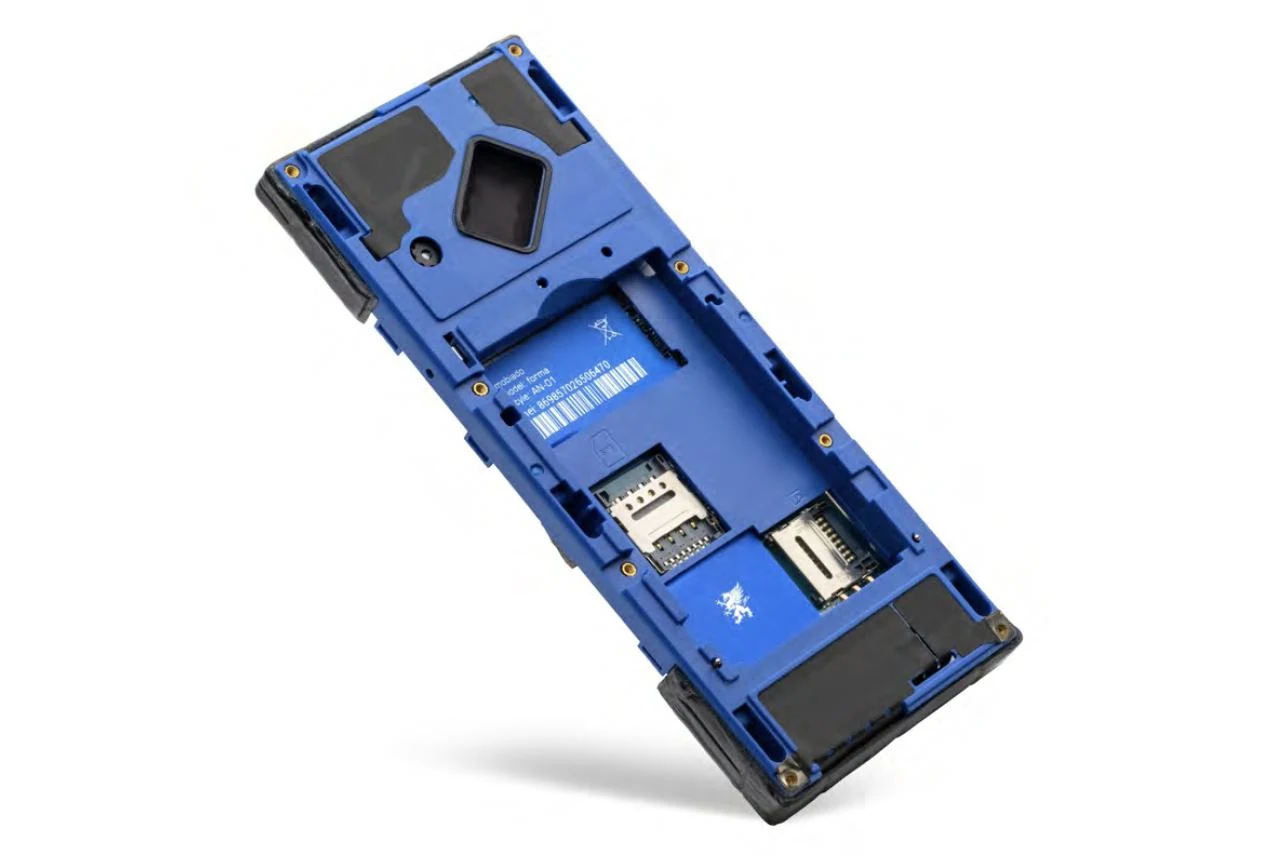 Forma Stealth opened to show its blueprint-blue custom electronics.