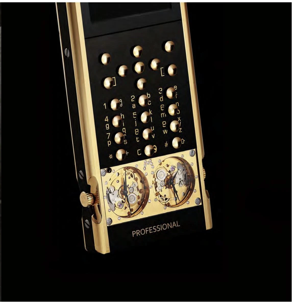 Close view of a gold Professional 105 GMT and its two automatic watch movements.